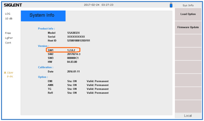 鼎阳SSA3000X频谱仪系统信息界面的截图示例